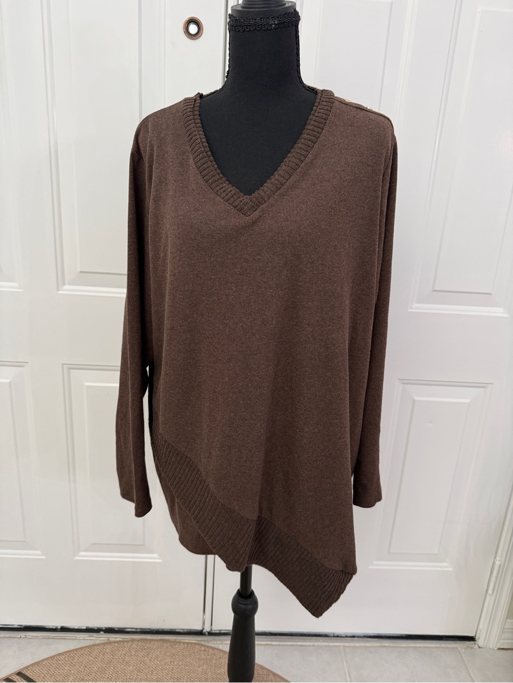 Rafaella Chocolate Brown V-Neck Asymmetric Hem Sweater